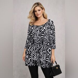 Slinky Brand Black and White Zebra Print Peasant Top